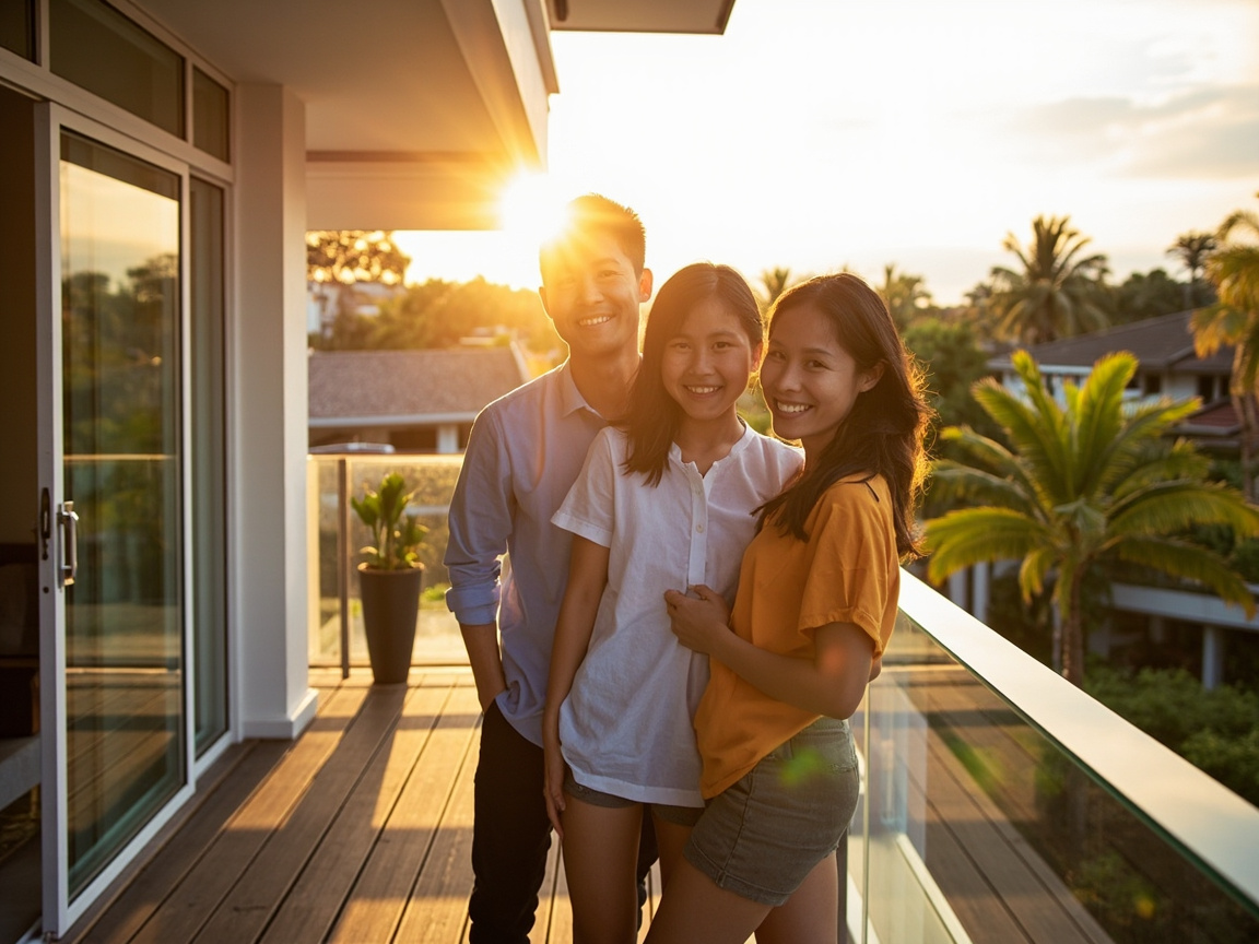 Happy Thai family on balcony of new modern home