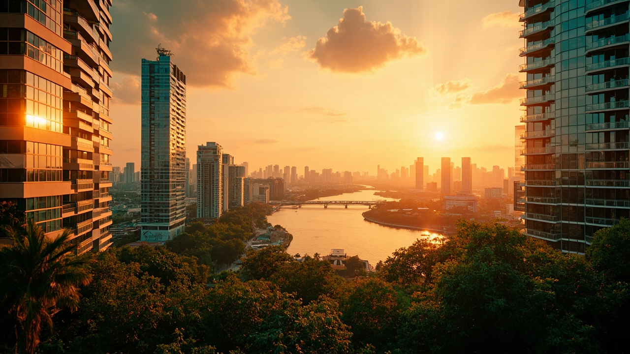 Modern Bangkok condominium skyline at golden hour