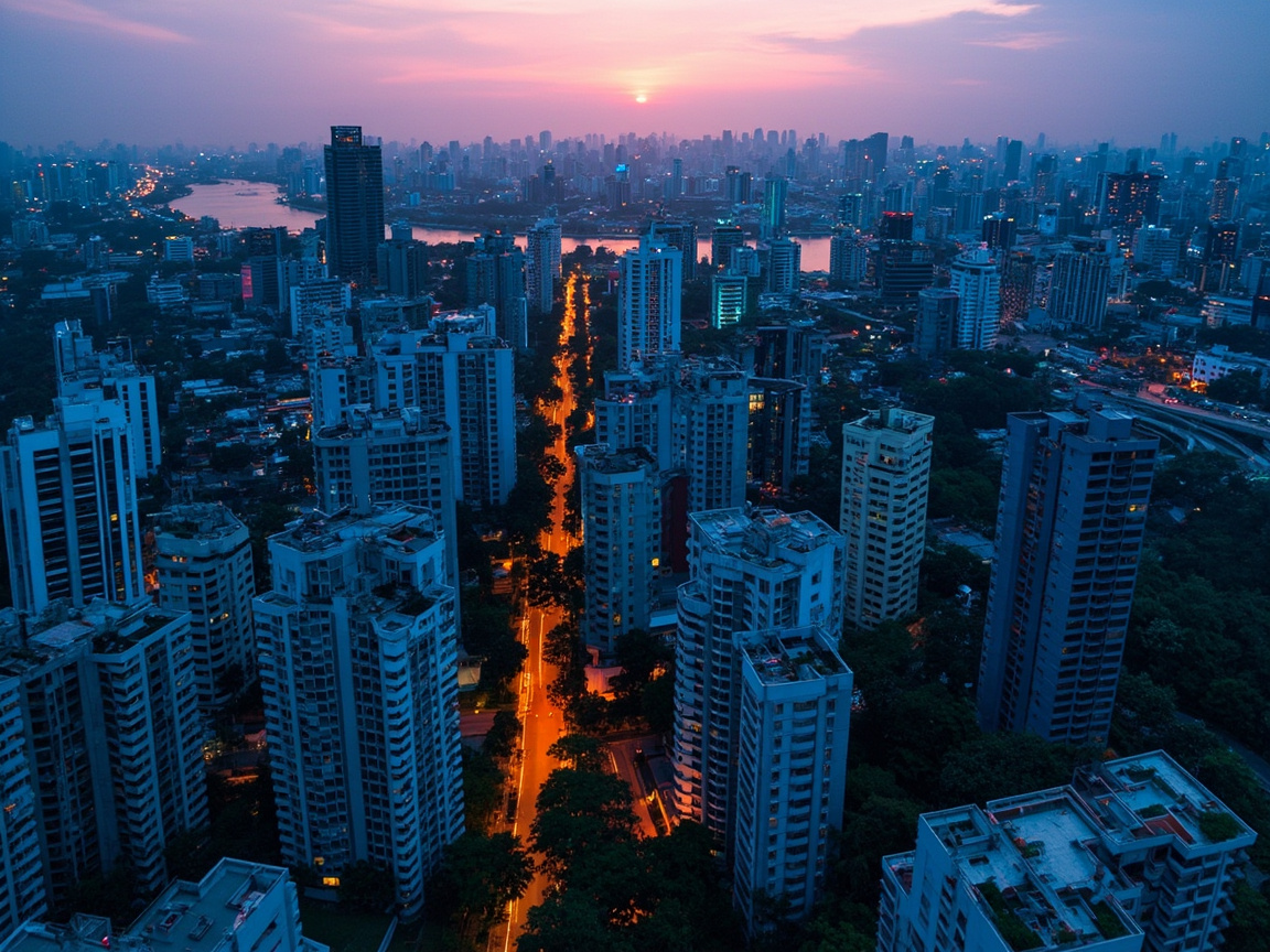 Bangkok residential districts at dusk aerial view