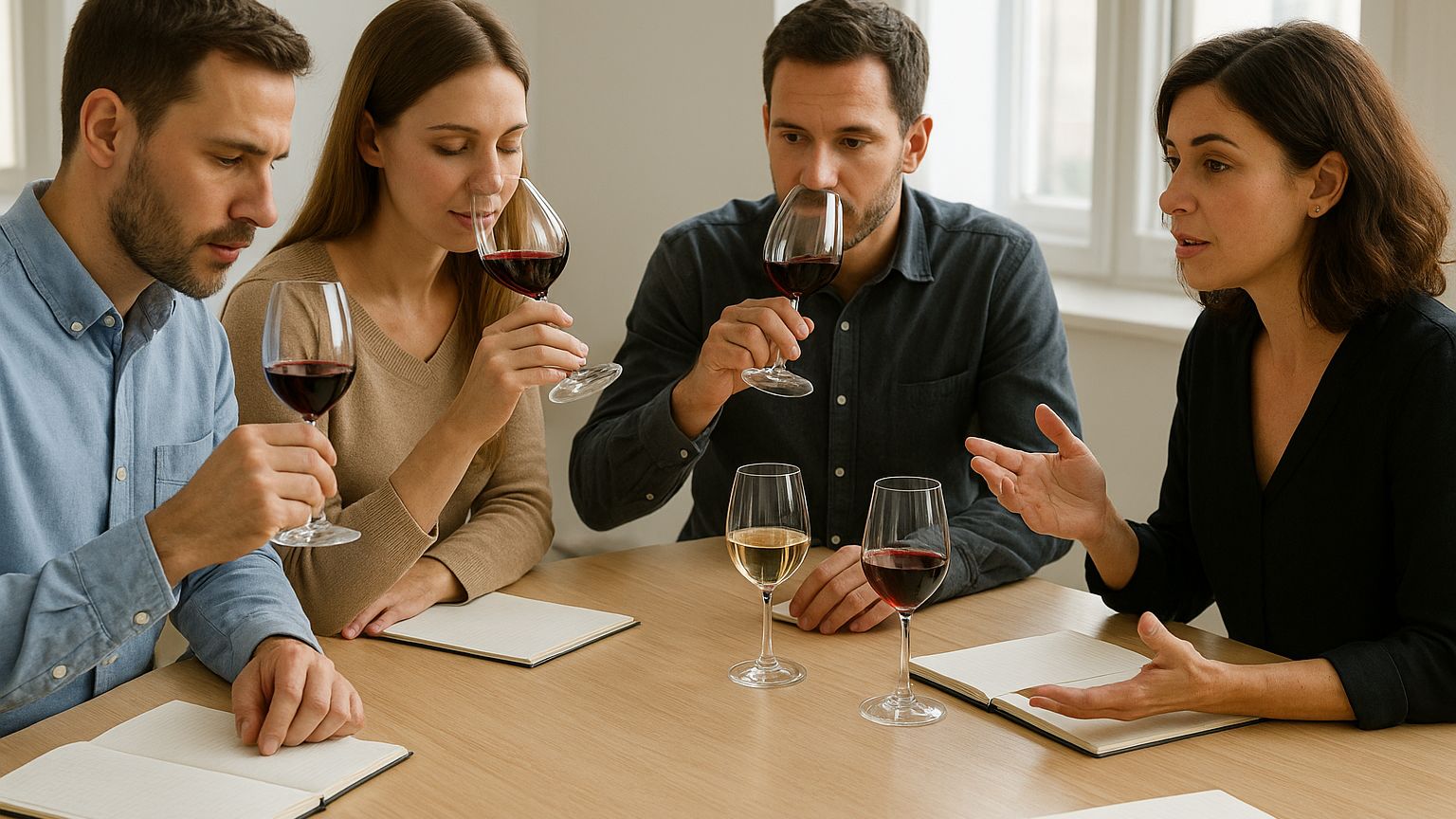 Photorealistic small-group wine study session with tasters repeatedly comparing paired wines side by side, swirling, smelling